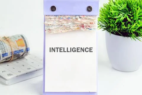 INTELLIGENCE text written on a desktop calendar on a white background Foto stock