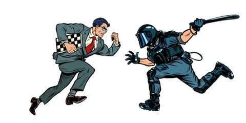 Intelligence versus strength. chess player and riot police with a baton Stock Illustration