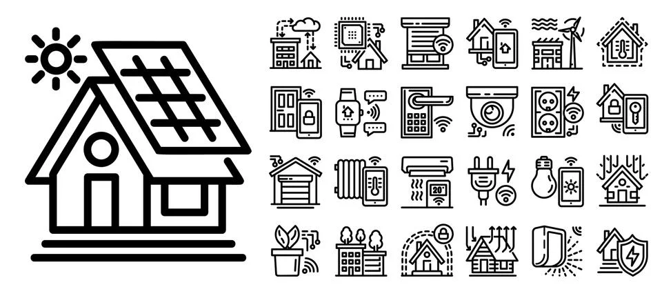 Intelligent building icon set, outline style Stock Illustration