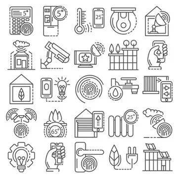 Intelligent building system icon set, outline style Stock Illustration
