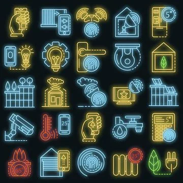 Intelligent building system icon set vector neon Stock Illustration