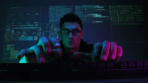 Intelligent Hacker Fingers Coding On Computer Keyboard Backlit Night Virus Stock Footage 121623456