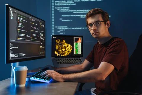 Intelligent male programmer working on pc writing brand new code at home office 库存照片