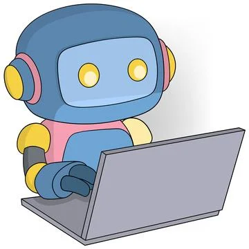 Intelligent robot is learning how to use a laptop Illustrazione stock