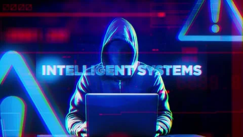 Intelligent Systems Word on Hacker concept technology futuristic data backgr Stock Footage 342457950