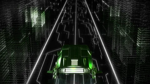 An Intelligent Vehicle is Quickly Driving through the Virtual Computer World Stock Footage 197350403
