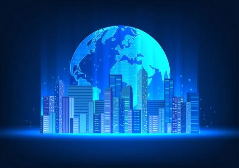 Intelligent world technology There is a big globe with a smart city in fron.. 스톡 일러스트