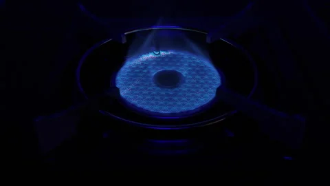 Intense Blue Gas Flame Burning on Stove in Low Light Close Up Stock Footage 328707688