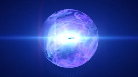 Intense blue plasma sphere with a brilliant white core, horizontal lens fla.. Stock Illustration