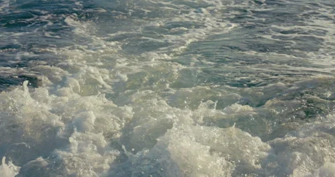 Intense Boat Wake Trailing Across Blue Water, Close-Up 4x Slow Motion Stock Footage 343616036