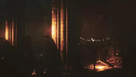 Intense darkness broken flickering candles gothic temple Stock Illustration