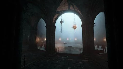 Intense darkness broken flickering candles gothic temple Ilustración de archivo