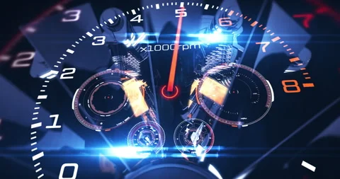 Intense Dashboard to V8 Car Engine, Ends with Steering Start Button View. Stock Footage 318973378