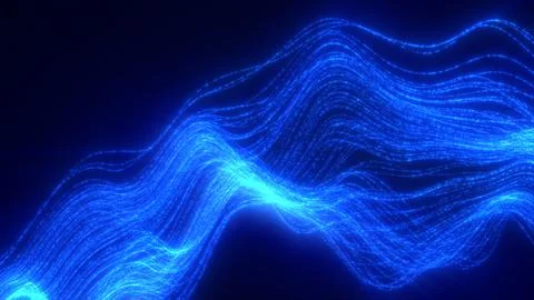 Intense electric blue flowing wave lines made of glowing particles in a dar.. Stock Illustration