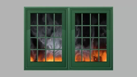 Intense Fire and Thick Smoke Burning Behind a Green Window Frame Stock Footage 345120948
