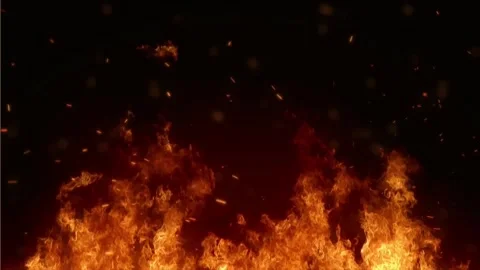Intense Fire Flames Burning on Black Background with Flying Embers Stock Footage 321046090