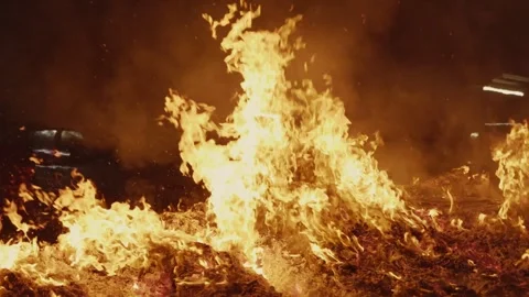 Intense Flames and Smoke Billowing from Street Bonfire Vídeo Stock 345994727
