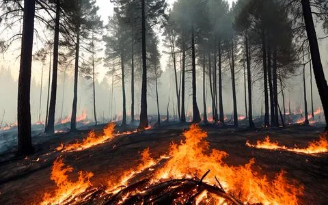 Intense flames from a massive forest fire. Flames light up the night as they  Stock Photos