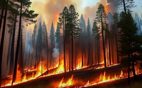 Intense flames from a massive forest fire. Flames light up the night as they  Stock Photos