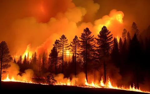 Intense flames from a massive forest fire. Flames light up the night as they  Stock Photos