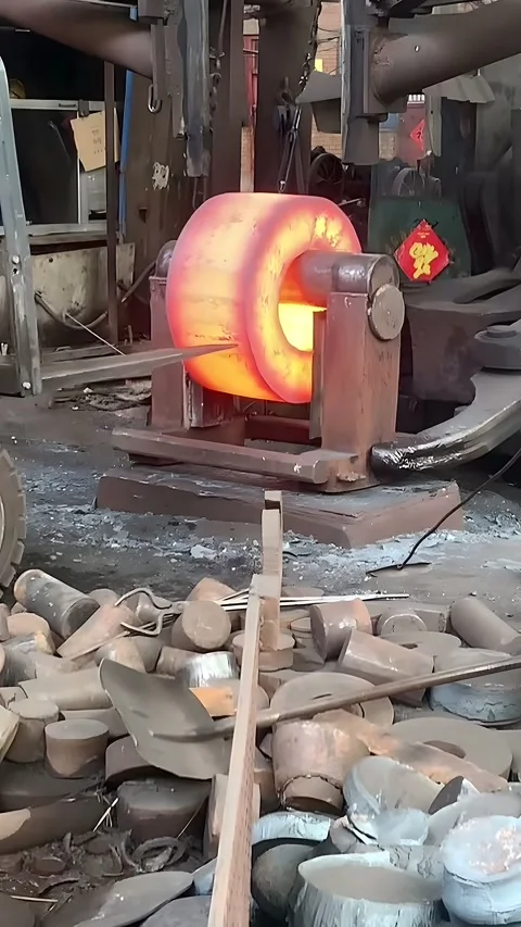 Intense Forging of Red Hot Metal Workpiece in a Bustling Chinese Factory Stock Footage 337912366