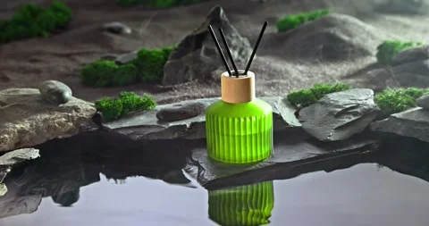 Intense fragrance diffuser on black stones illuminated by moonlight. Stock Footage 333047930