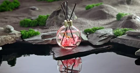 Intense fragrance diffuser on black stones illuminated by moonlight. Stock Footage 336021280