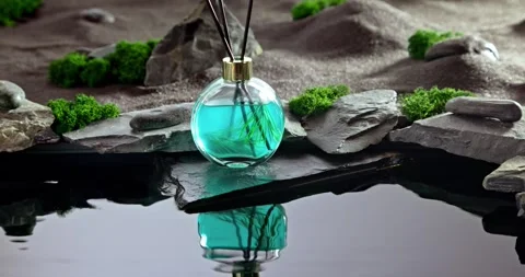 Intense fragrance diffuser on black stones illuminated by moonlight. Stock Footage 336494405
