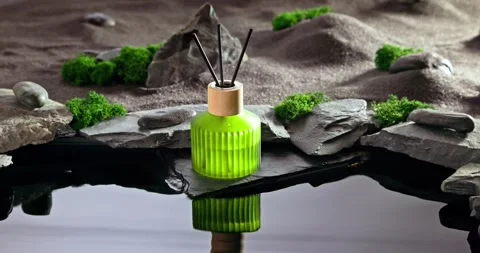 Intense fragrance diffuser on a lunar landscape with small pond. Stock Footage 332622635