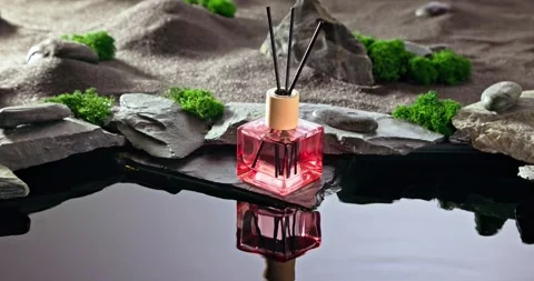 Intense fragrance diffuser on a lunar landscape with small pond. Stock Footage 334002167