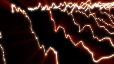 Intense glowing orange and red dotted lines ripple along an abstract terrain, Stock Illustration