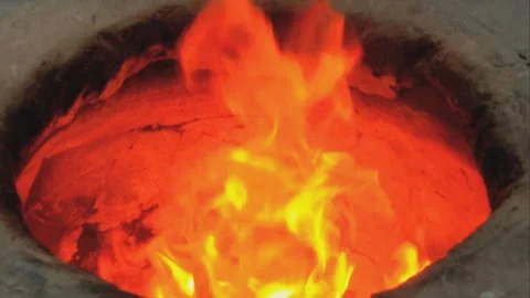 Intense Glowing Orange Fire Inside Traditional Clay Tandoor Oven Clip Stock Footage 331764750