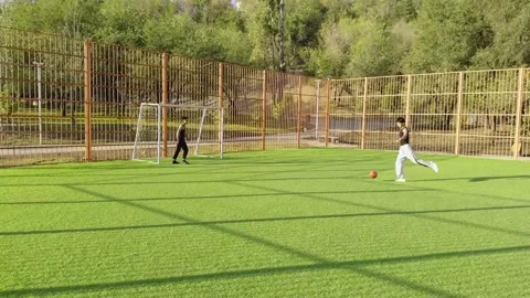 Intense goalkeeper move to stop ball, young men on football field outdoors Stock Footage 318434635
