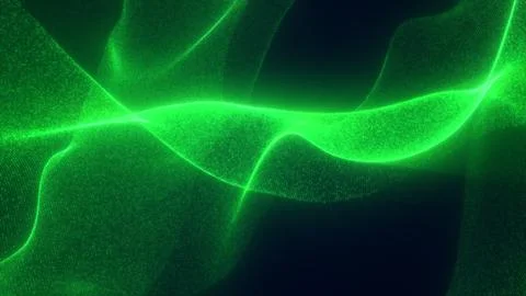 Intense green glowing particle waves forming smooth digital surfaces in a dar Stock Illustration
