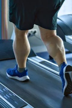 Intense Gym Session With Focused Calf Muscles Moving Rhythmically On Treadmill Stock Photos