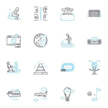 Intense journeys linear icons set. Expedition, Adventure, Odyssey, Quest, Trek Stock Illustration