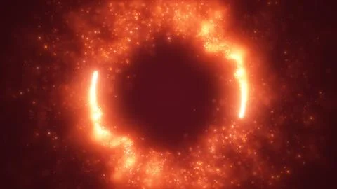 Intense orange vortex of glowing fiery particles forming a radiant circular.. Illustrazione stock
