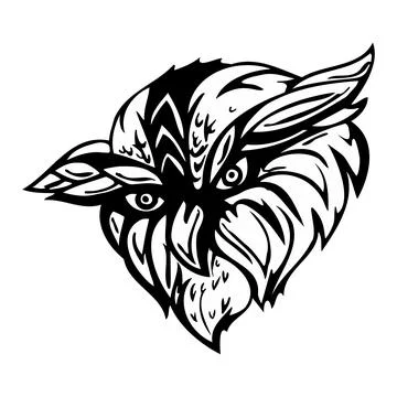 Intense Owl Head Emblem, Black and White Graphic Design Stock-Illustration