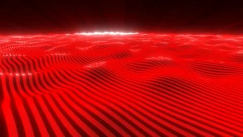 Intense red digital wave landscape with glowing striped terrain, bright hor.. Stock Photos