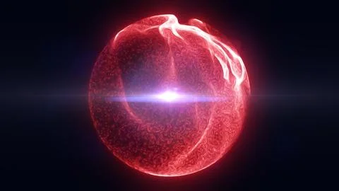 Intense red glowing sphere with molten plasma texture and bright central fl.. Illustrazione stock
