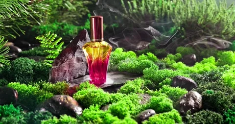Intense red perfume on moss in dark hazy forest. Vidéo 333537902