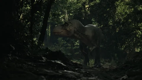 Intense shot of a T-Rex in a vibrant forest Stock Footage 295154994