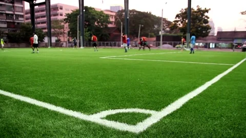 Intense Soccer Game in Action Stockbeeldmateriaal 292789412