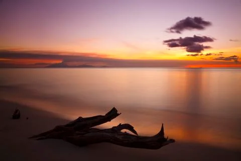Intense sunset colors produced by an volcanic ash cloud from Montserrat, seen Stock Photos
