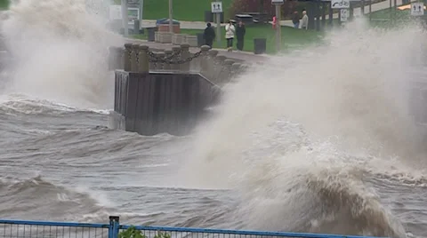 Intense waves rolling in and breaking during storm with hurricane force winds Stock Footage 36671007