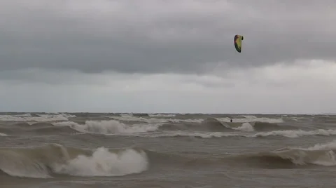 Intense waves rolling in and breaking during storm with hurricane force winds Stock Footage 41797934