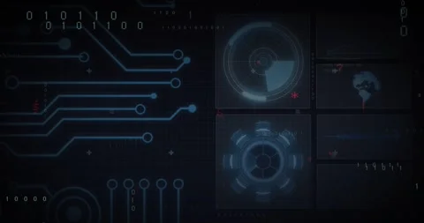 Intensifying circuit traces rotating HUD rings streaming C++ code preparing Stock Footage 318237084