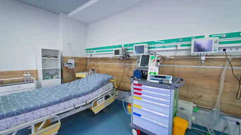 Intensive care unit with two empty wheeled beds. Stock Footage 169691946