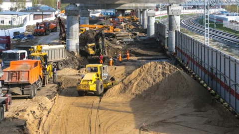 Intensive work on the construction of a high-speed overpass, time lapse Stock Footage 89254184