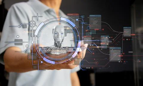 Interact with AI brain processors in the concepts of AI engineering, AI big.. Stock Photos